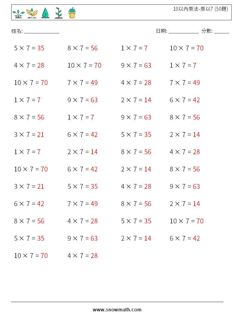 10以內乘法-乘以7 (50題) 數學練習題 8 問題,解答