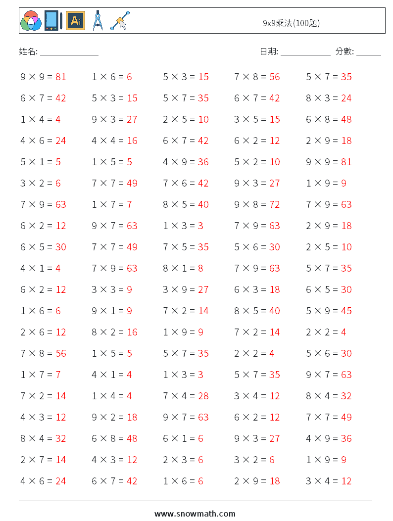 9x9乘法(100題) 數學練習題 1 問題,解答