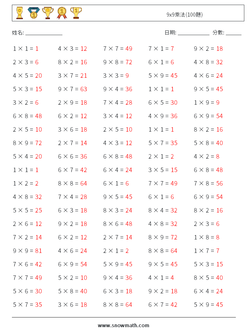 9x9乘法(100題) 數學練習題 8 問題,解答