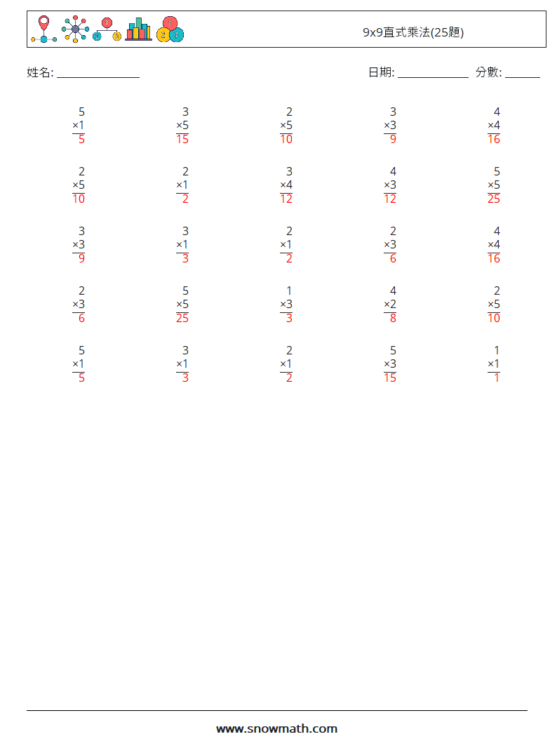 9x9直式乘法(25題) 數學練習題 9 問題,解答