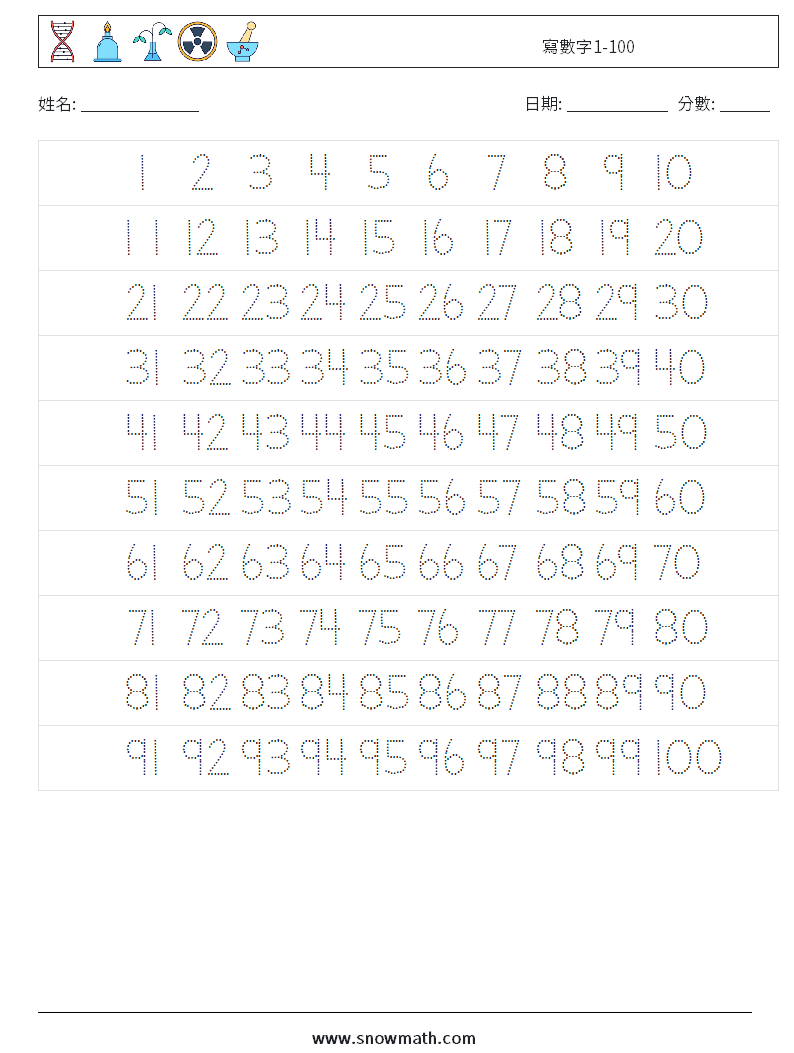 寫數字1-100 數學練習題 1