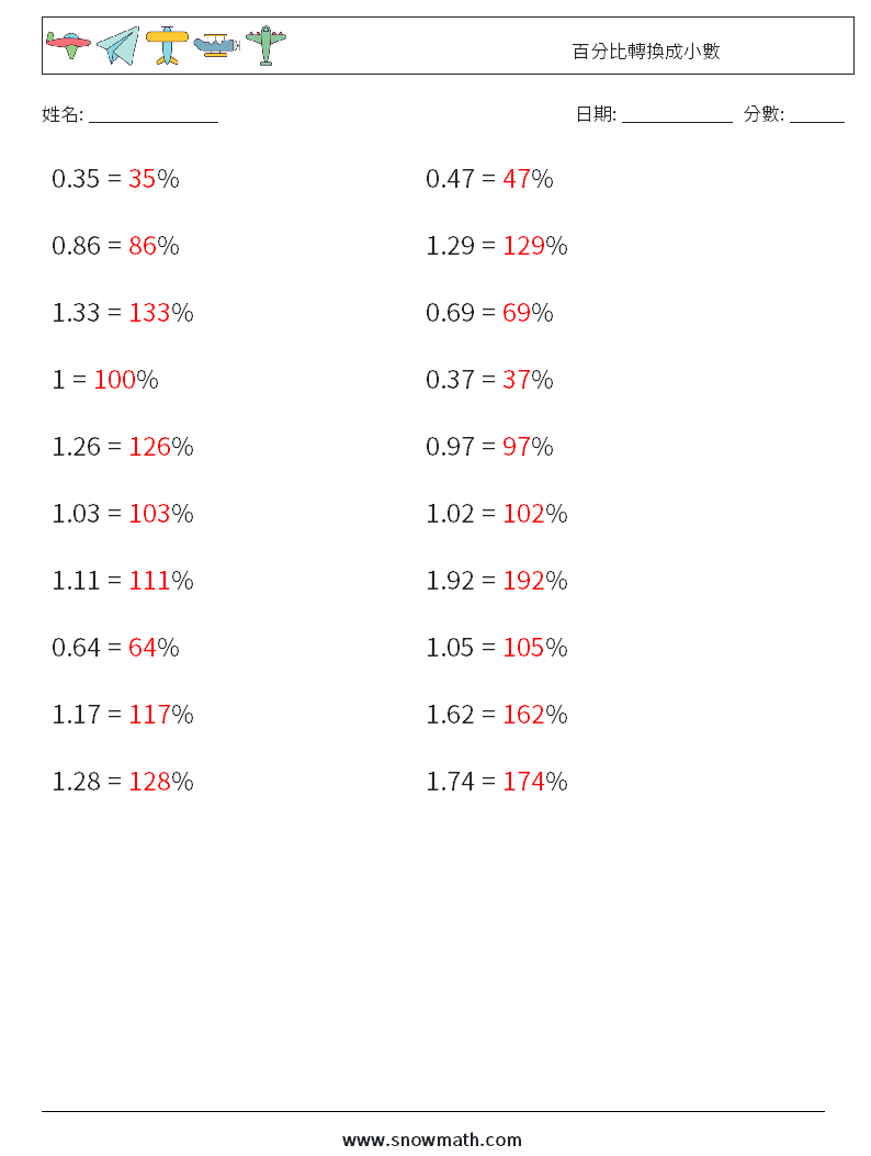 百分比轉換成小數 數學練習題 1 問題,解答