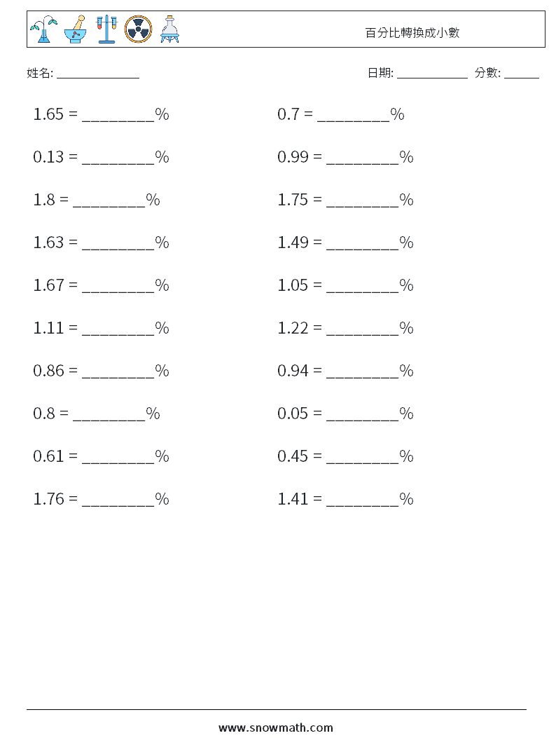百分比轉換成小數 數學練習題 2