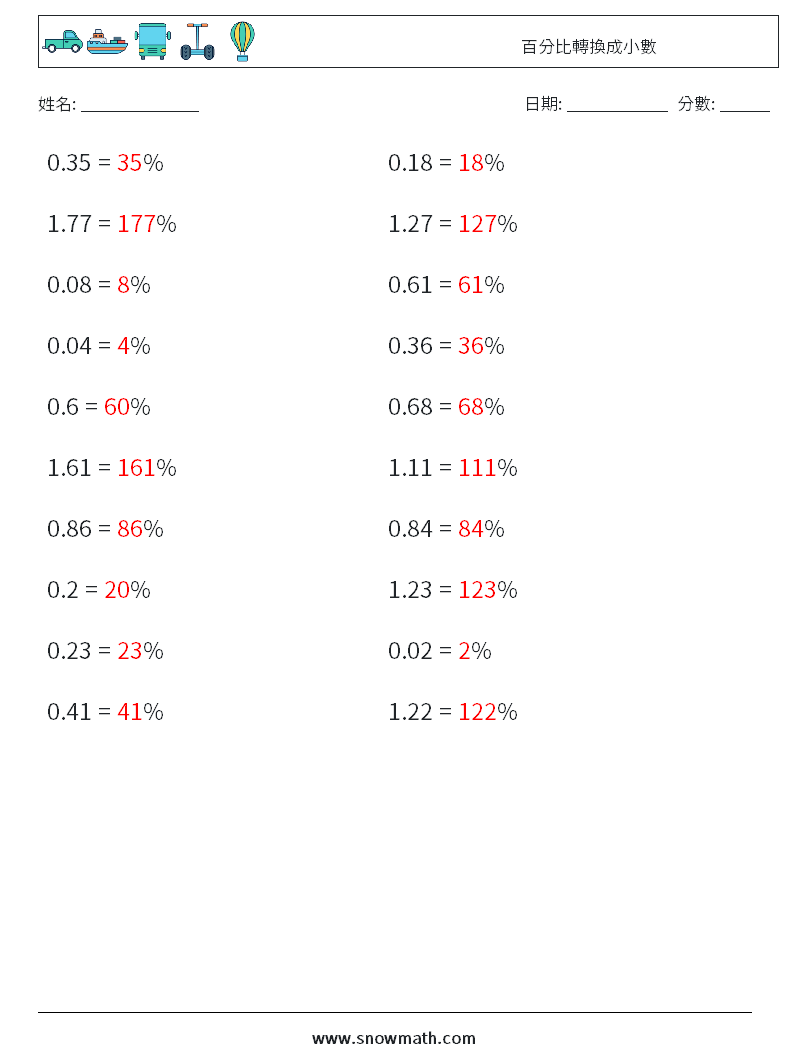 百分比轉換成小數 數學練習題 5 問題,解答