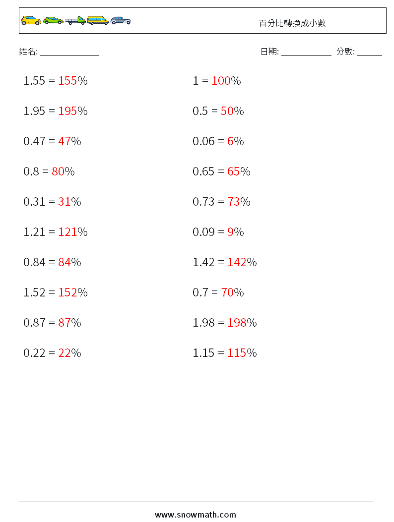百分比轉換成小數 數學練習題 8 問題,解答