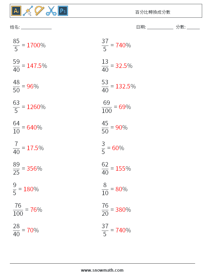 百分比轉換成分數 數學練習題 2 問題,解答