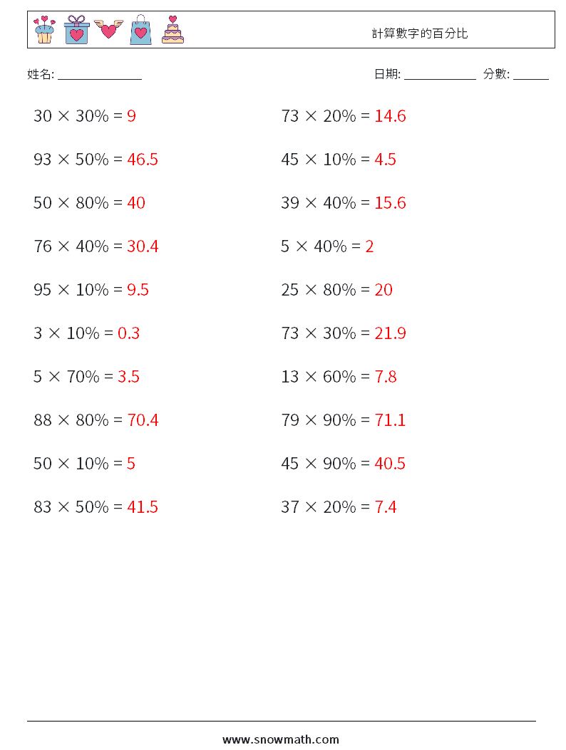 計算數字的百分比 數學練習題 2 問題,解答