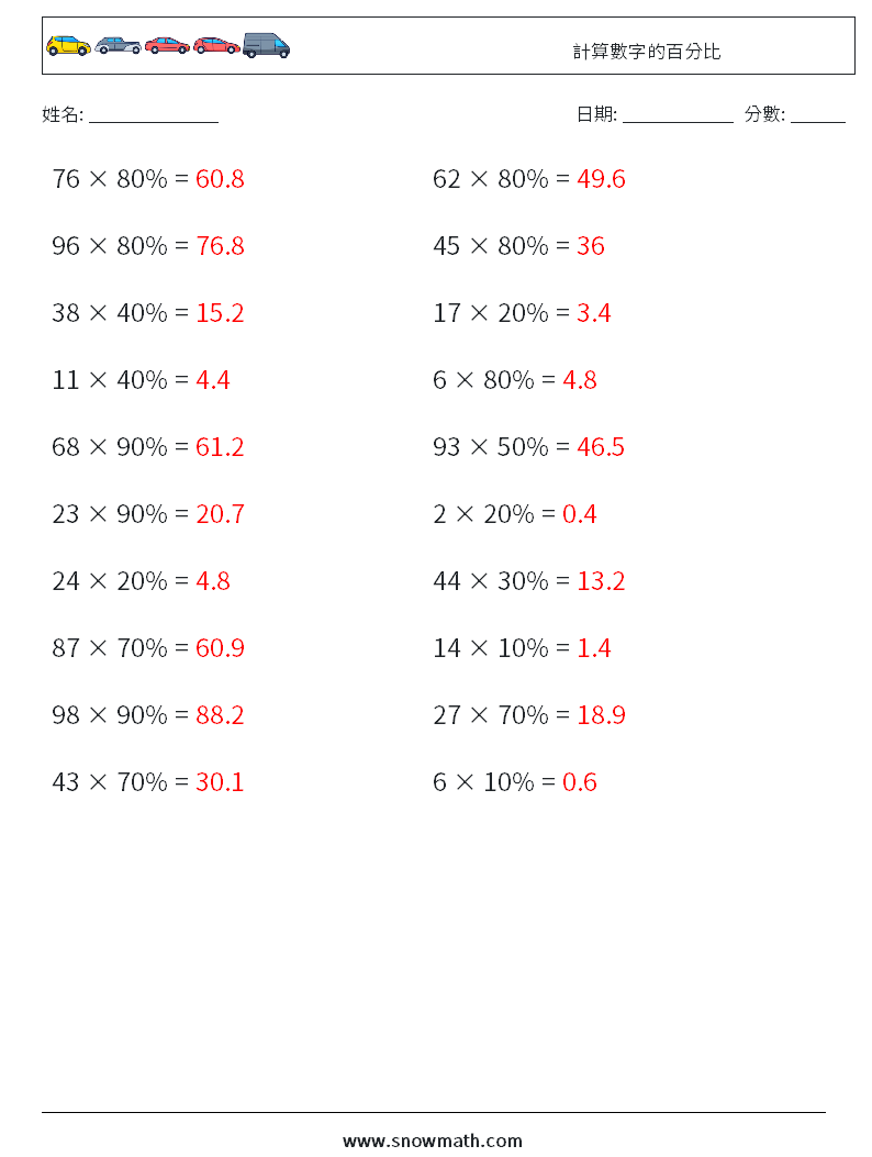 計算數字的百分比 數學練習題 8 問題,解答