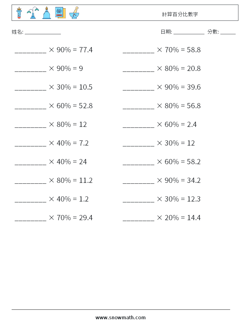 計算百分比數字 數學練習題 2