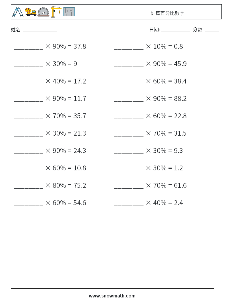 計算百分比數字 數學練習題 4