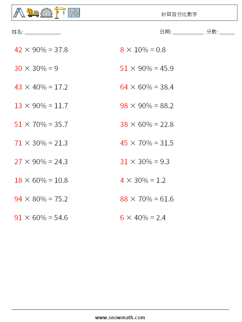計算百分比數字 數學練習題 4 問題,解答