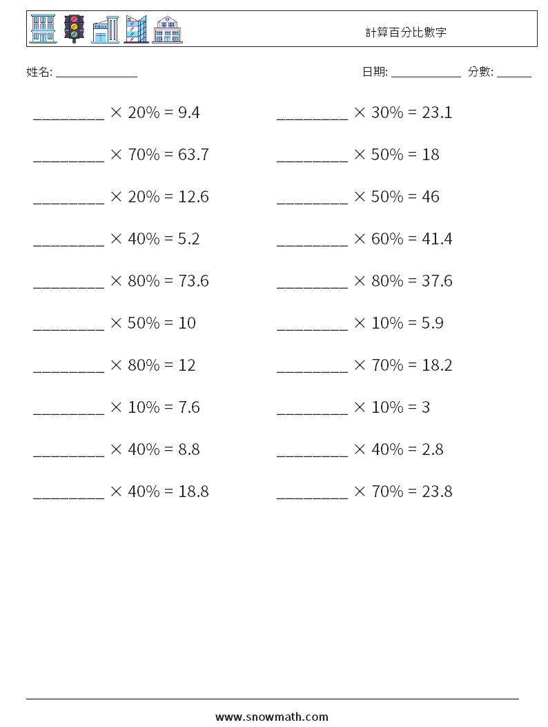 計算百分比數字 數學練習題 8