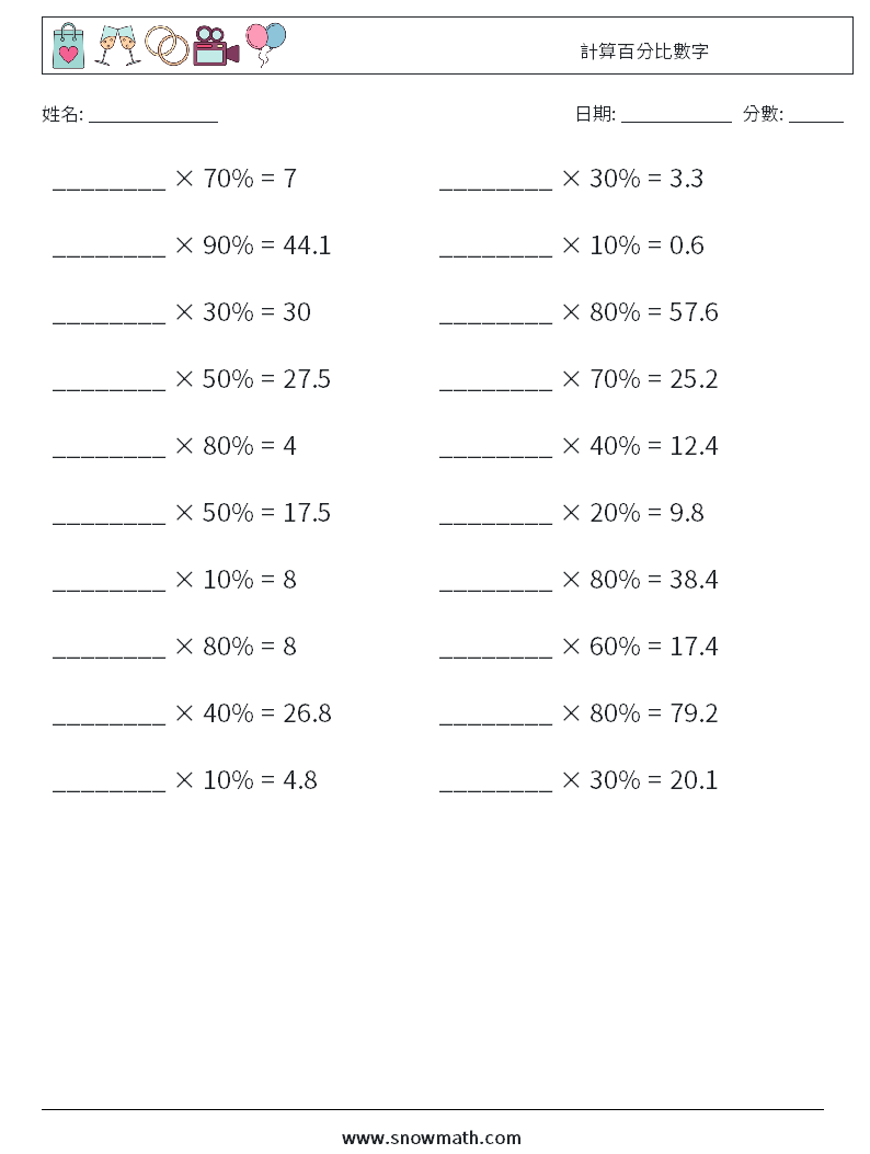 計算百分比數字 數學練習題 9