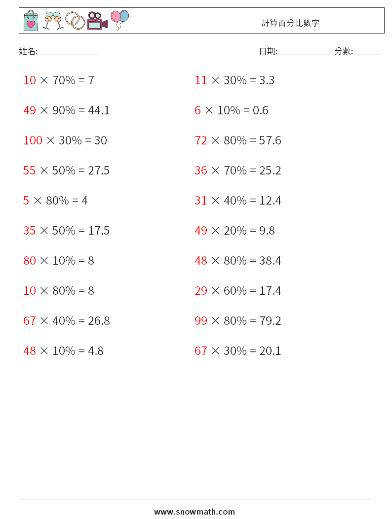 計算百分比數字 數學練習題 9 問題,解答