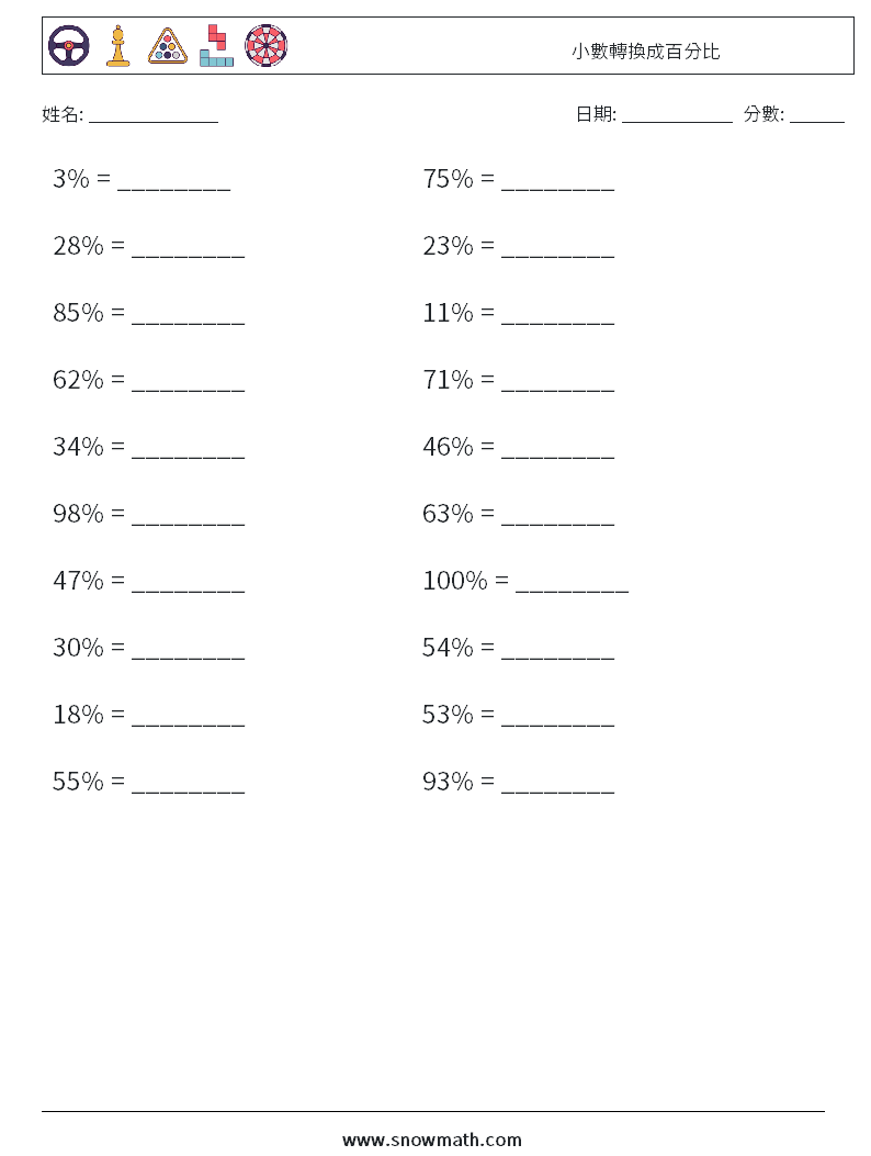 小數轉換成百分比 數學練習題 2