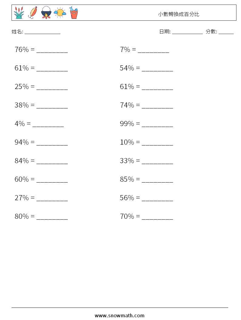 小數轉換成百分比 數學練習題 4