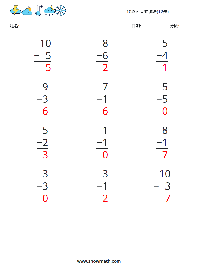 10以內直式减法(12題) 數學練習題 2 問題,解答