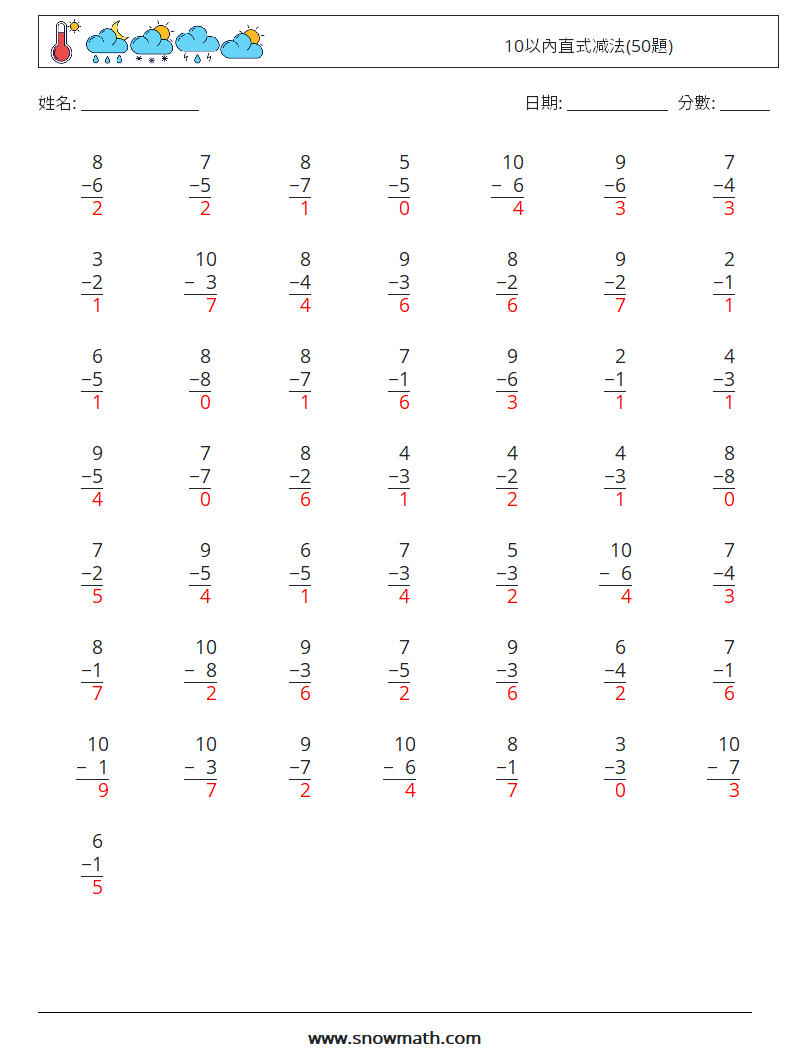 10以內直式减法(50題) 數學練習題 4 問題,解答