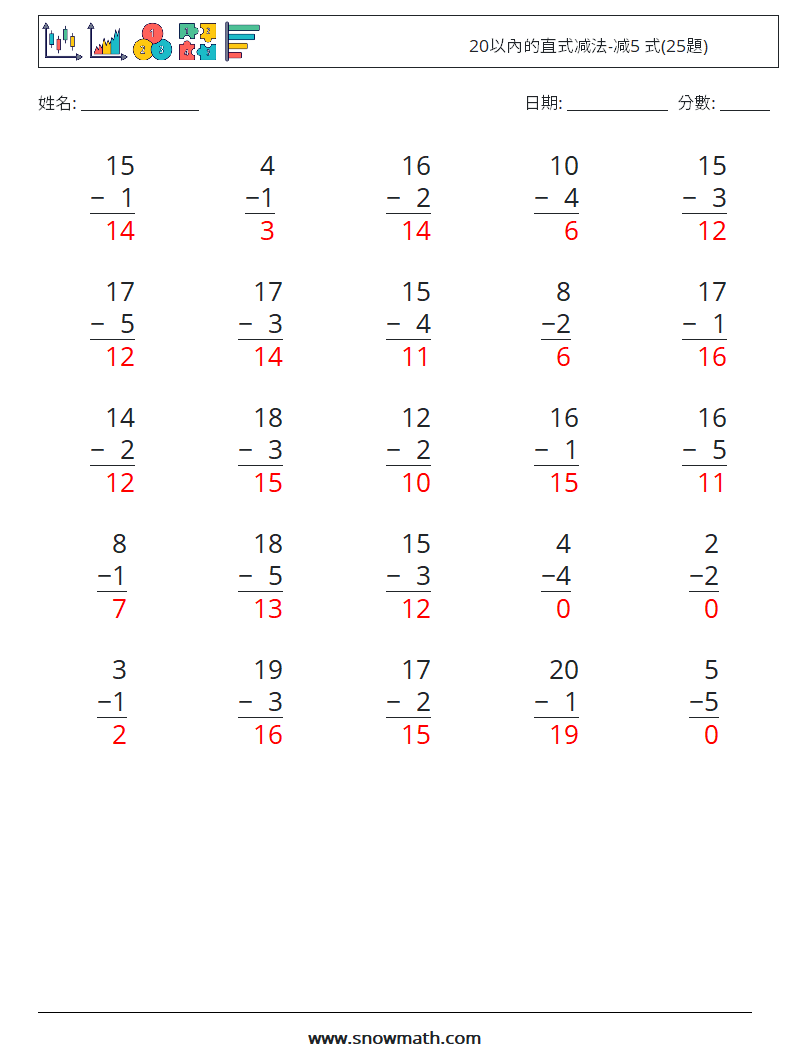 20以內的直式减法-减5 式(25題) 數學練習題 11 問題,解答