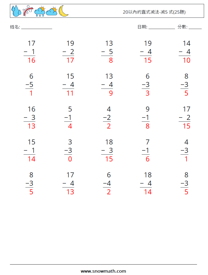 20以內的直式减法-减5 式(25題) 數學練習題 5 問題,解答