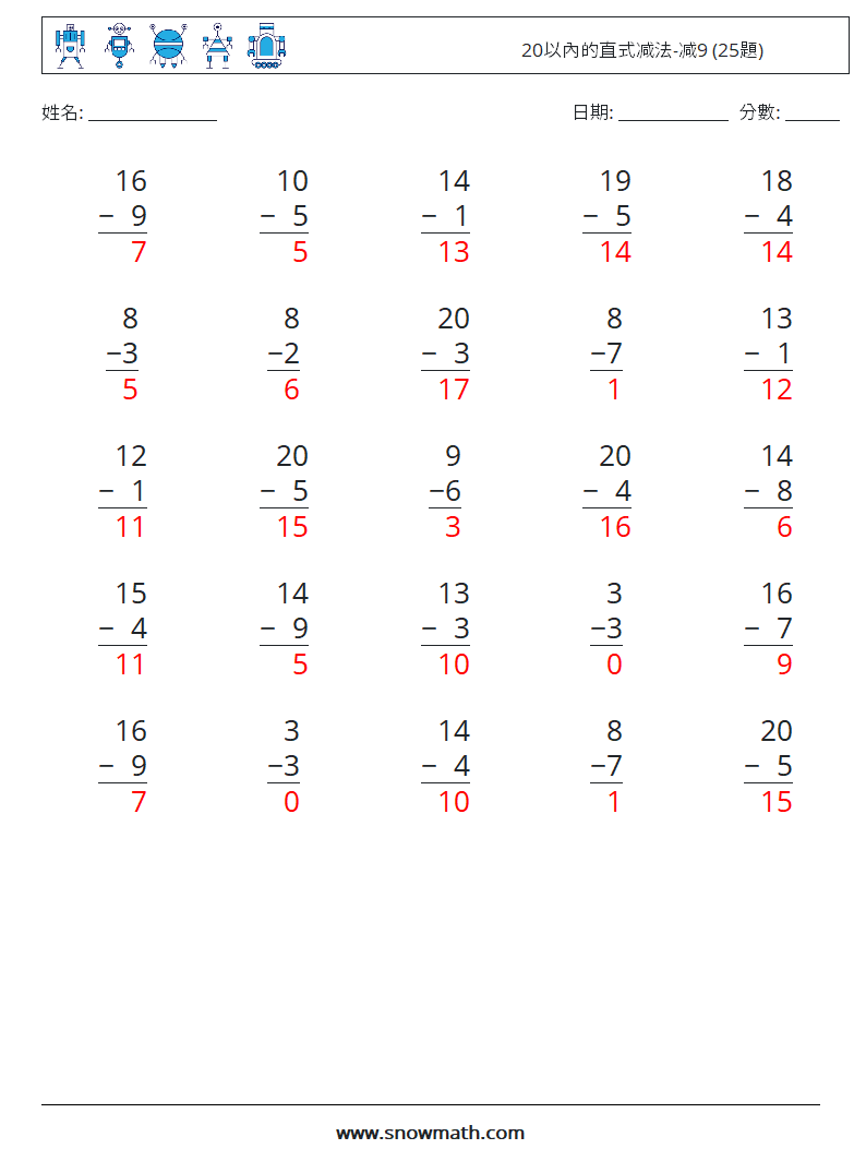 20以內的直式减法-减9 (25題) 數學練習題 15 問題,解答