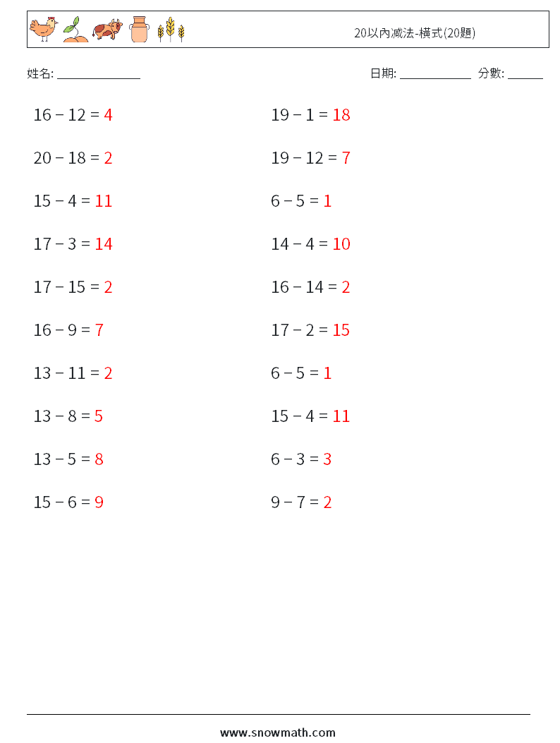20以內减法-橫式(20題) 數學練習題 2 問題,解答