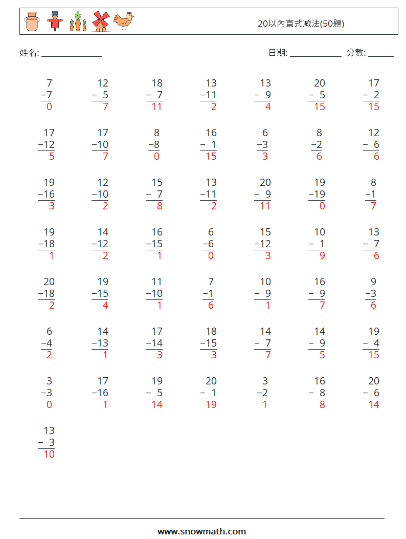 20以內直式减法(50題) 數學練習題 15 問題,解答
